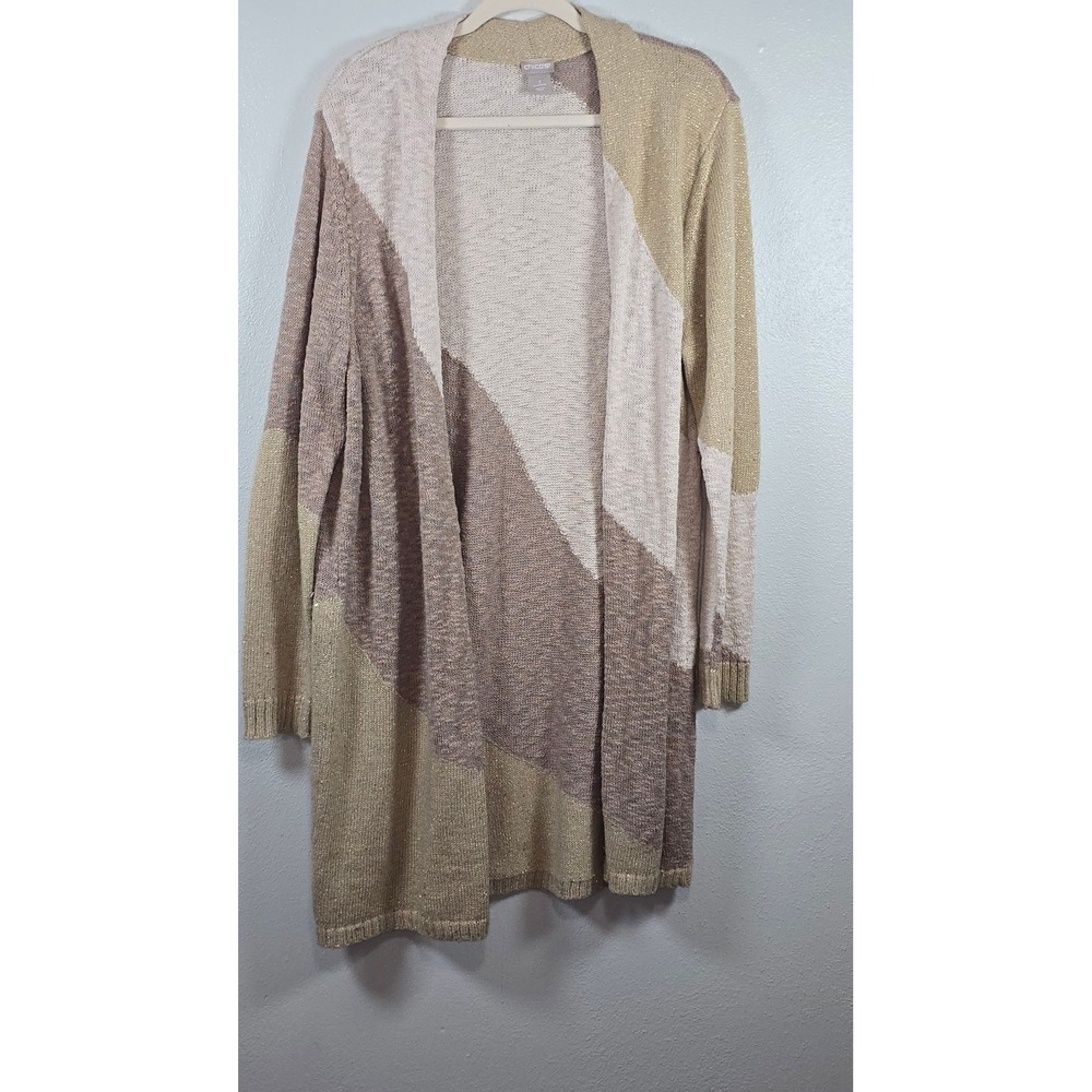 Chicos Cardigan XL 3 Tan Beige Colorblock Metallic Open Front Knit Sweater